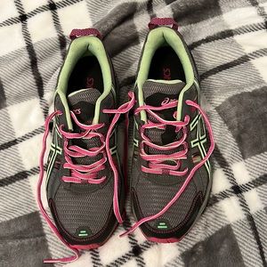ASICS tennis shoes.  Size 9.  Good used condition. Gray, pink & green.
